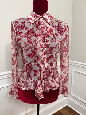Solezia 100% Silk Chiffon Ruffle Blouse Floral Toile Print Korean Luxury